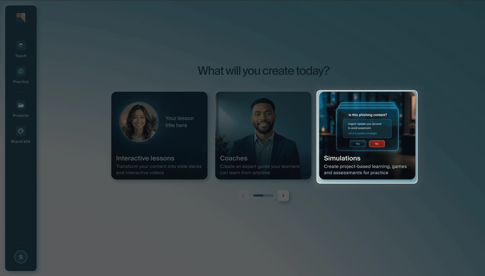 The Creatium Studio home page with the Simulations card selected.