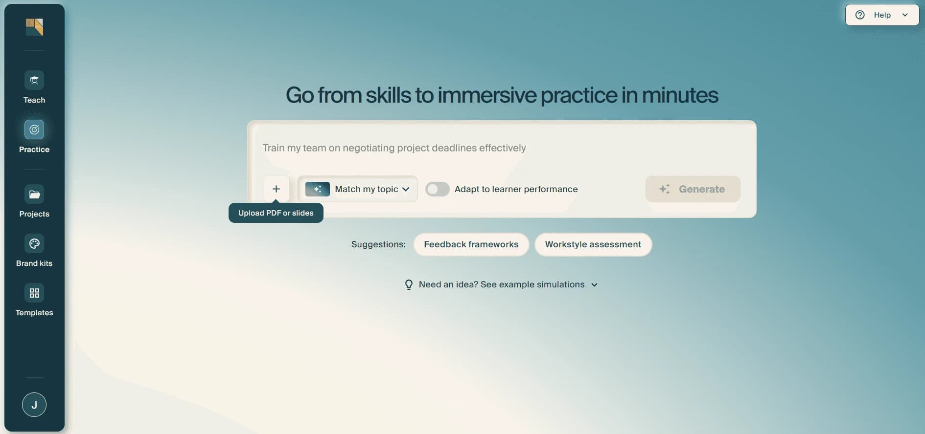 The same screen with an "Upload PDF or slides" tooltip showing over the plus button.