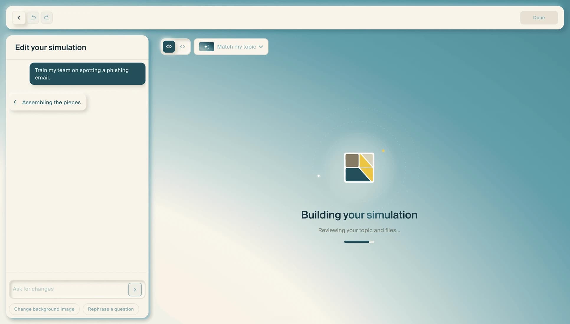 A progress screen reading "Building your simulation", with the Creatium mark assembling above it.