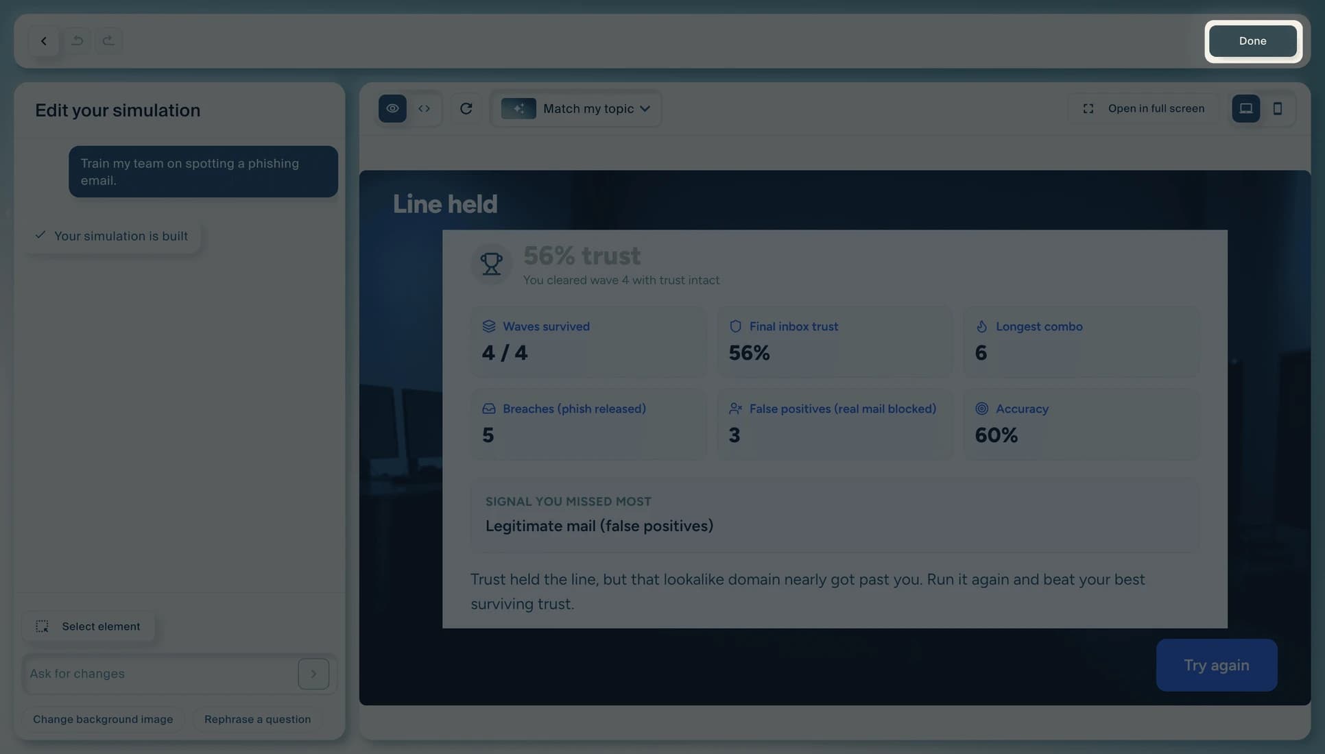 The built phishing simulation showing its results screen: 56% trust, waves survived, breaches, false positives and accuracy, with a "Try again" button.