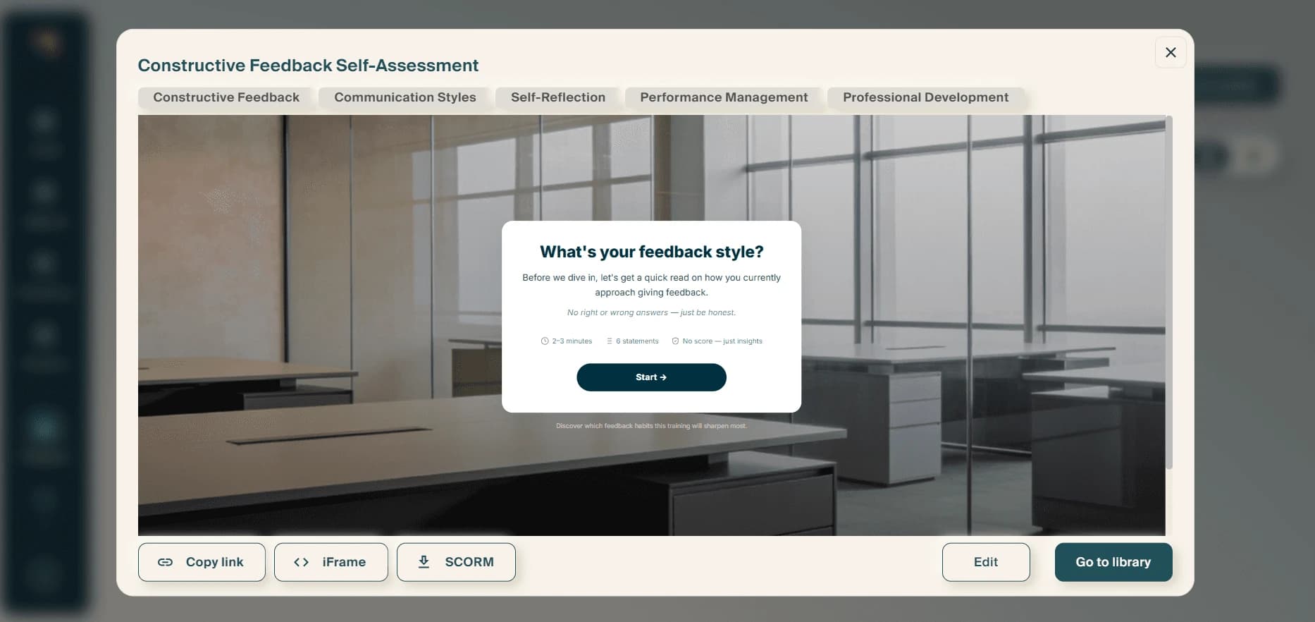 A published self-assessment simulation with its topic tags, and Copy link, iFrame and SCORM buttons below.