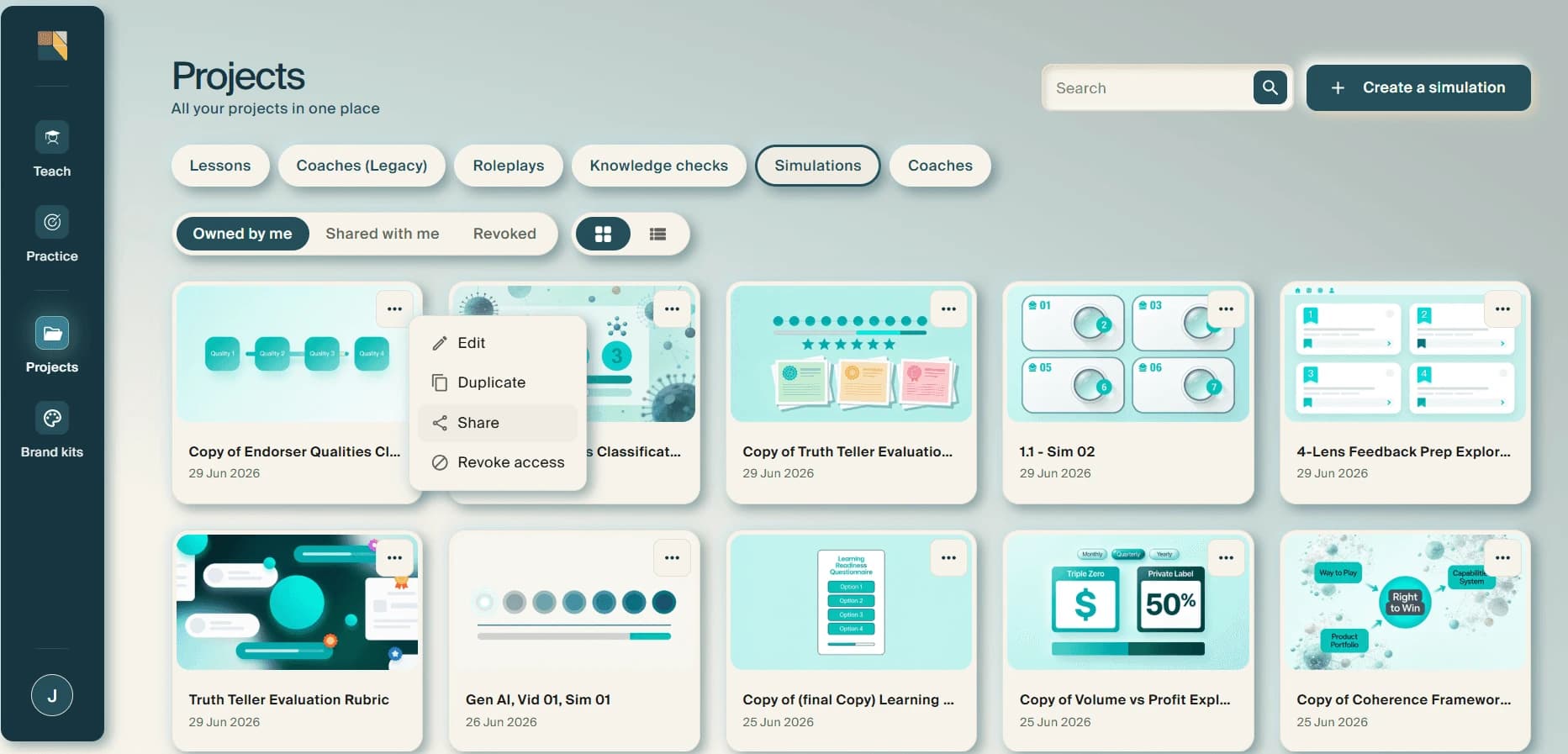 Projects filtered to the Simulations tab, showing a grid of simulations with one card's menu open on Edit, Duplicate, Share and Revoke access.