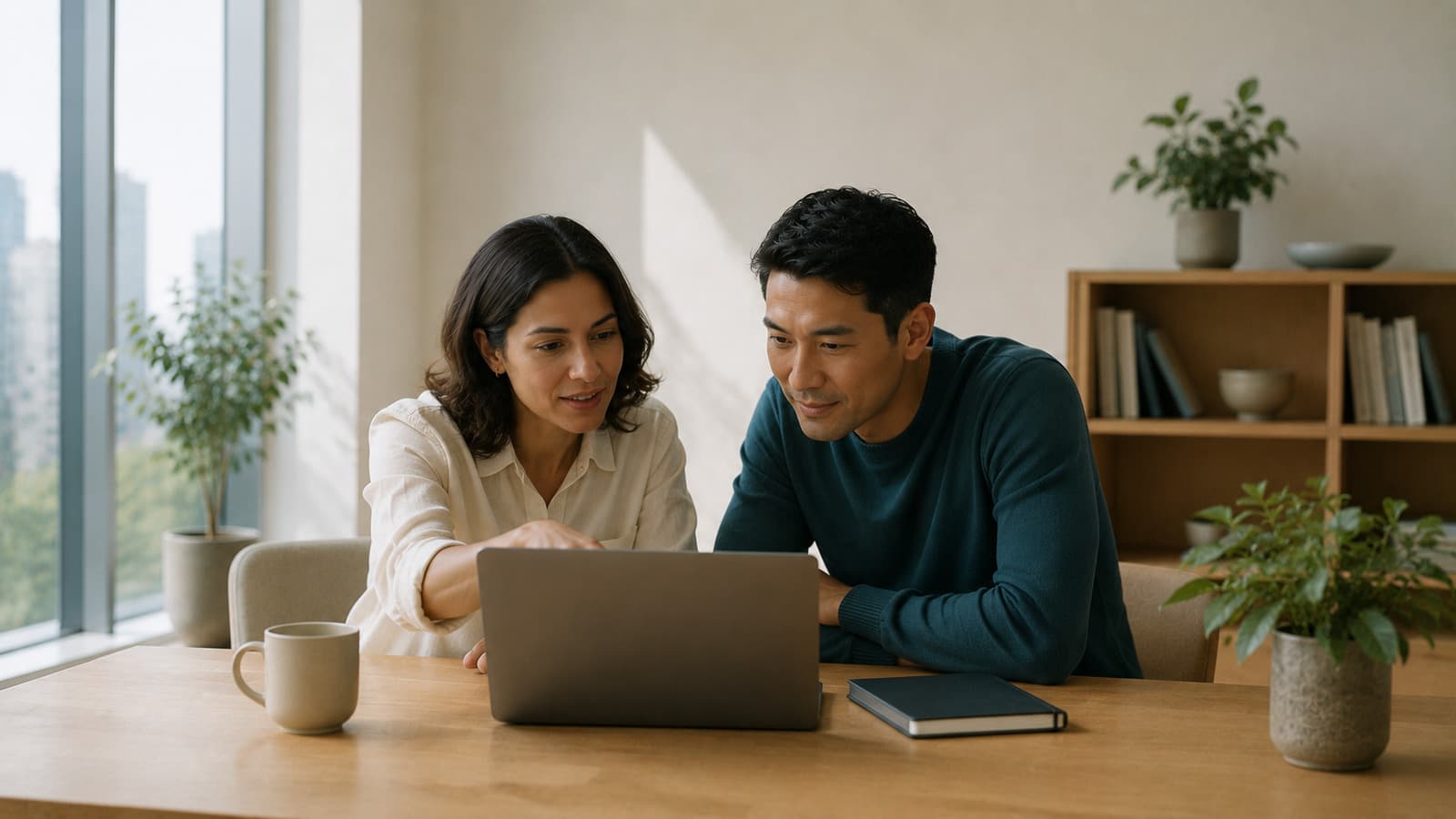 Two people leaning in over a laptop together at a wooden table