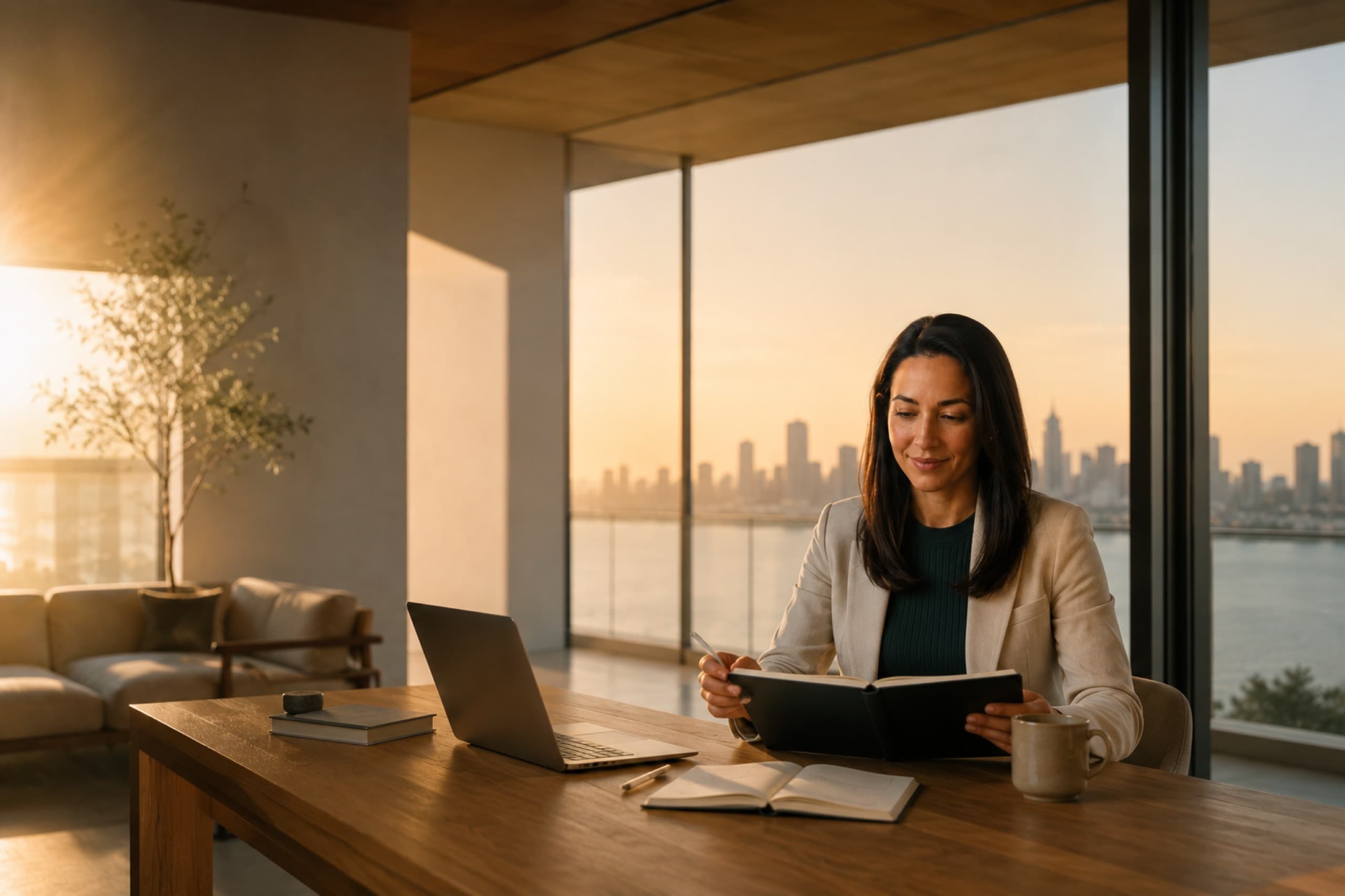 A woman working alone at a desk with a laptop and an open folder, a city bay glowing behind her at sunset