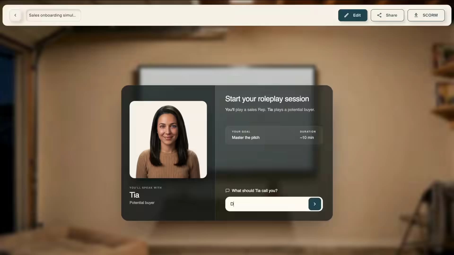 A roleplay session in Studio: a start card naming the scenario and the goal, then an avatar counterpart called Tia, introduced as a potential buyer, with the conversation transcribed live beside her, ending in a summary of the key points and the decisions made