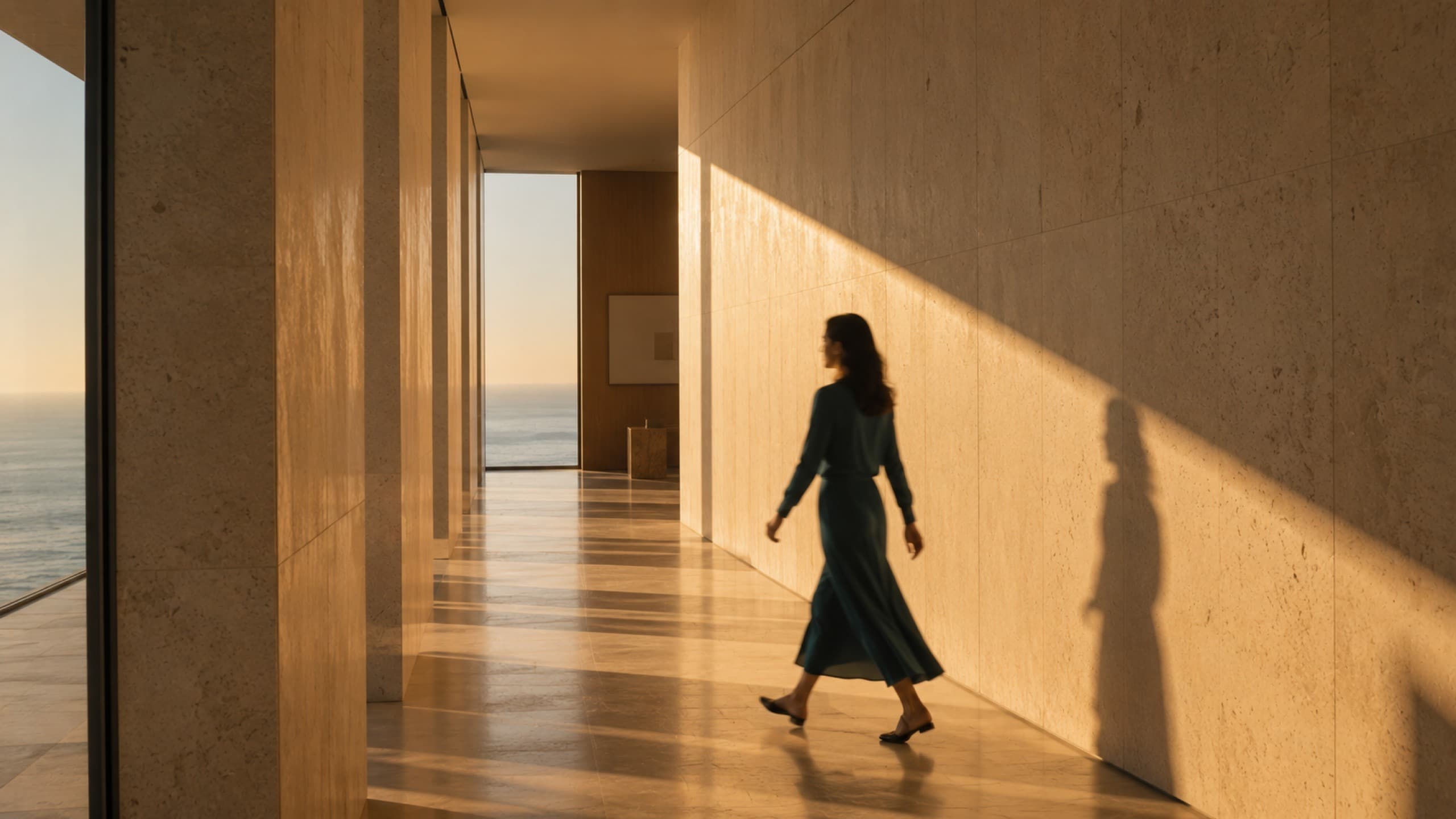 A figure walking a sunlit stone corridor, long shadows falling across the floor