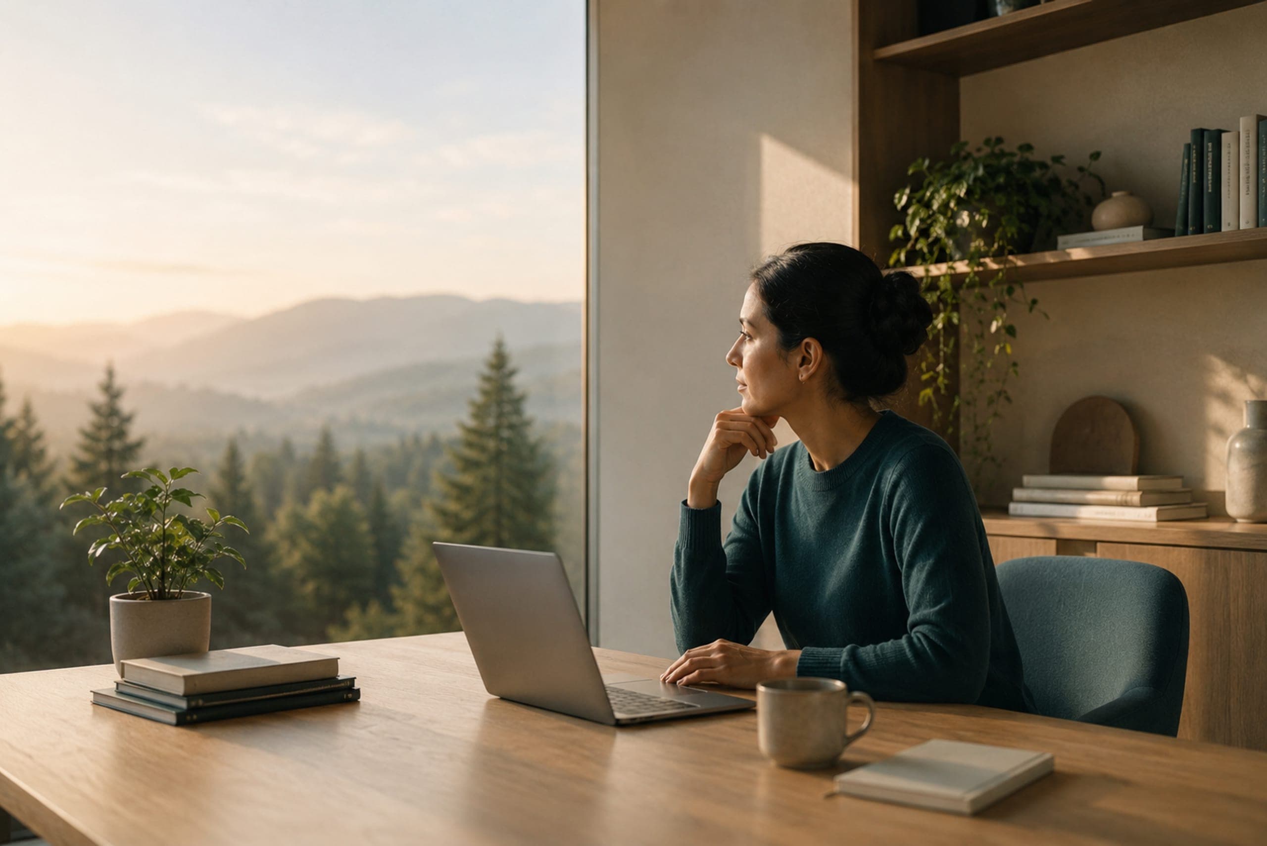 A woman alone at a desk with her laptop, chin resting on her hand, looking out at forested hills