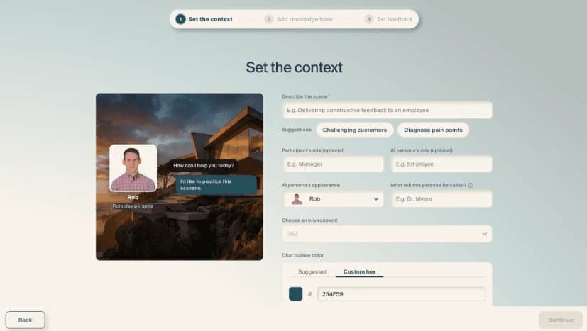 The "Set the context" step: a scene description, the participant's and AI persona's roles, the persona's appearance and name, an environment picker, and a chat bubble colour.