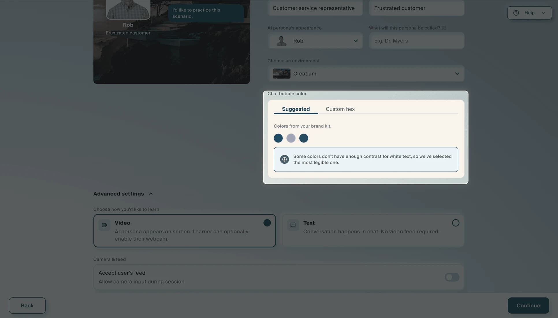 The chat bubble colour picker open, with a note that some brand colours lack the contrast for white text and the most legible one has been chosen.