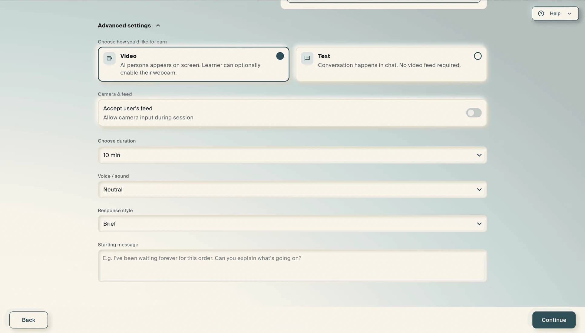 Advanced settings: a choice between a video persona and text-only chat, a camera toggle, and controls for duration, voice, response style and the AI's opening message.