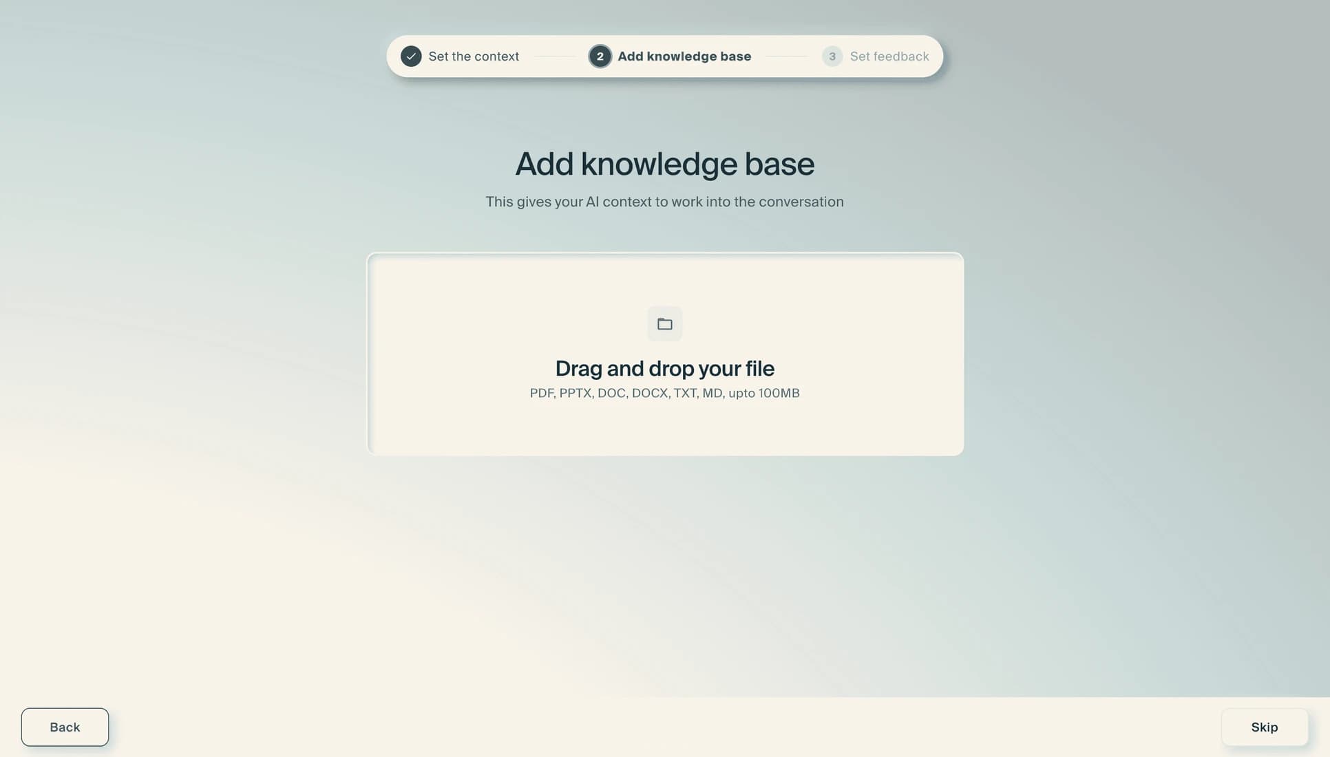 The "Add knowledge base" step with an empty drag-and-drop area accepting PDF, PPTX, DOC, DOCX, TXT and MD files up to 100MB.