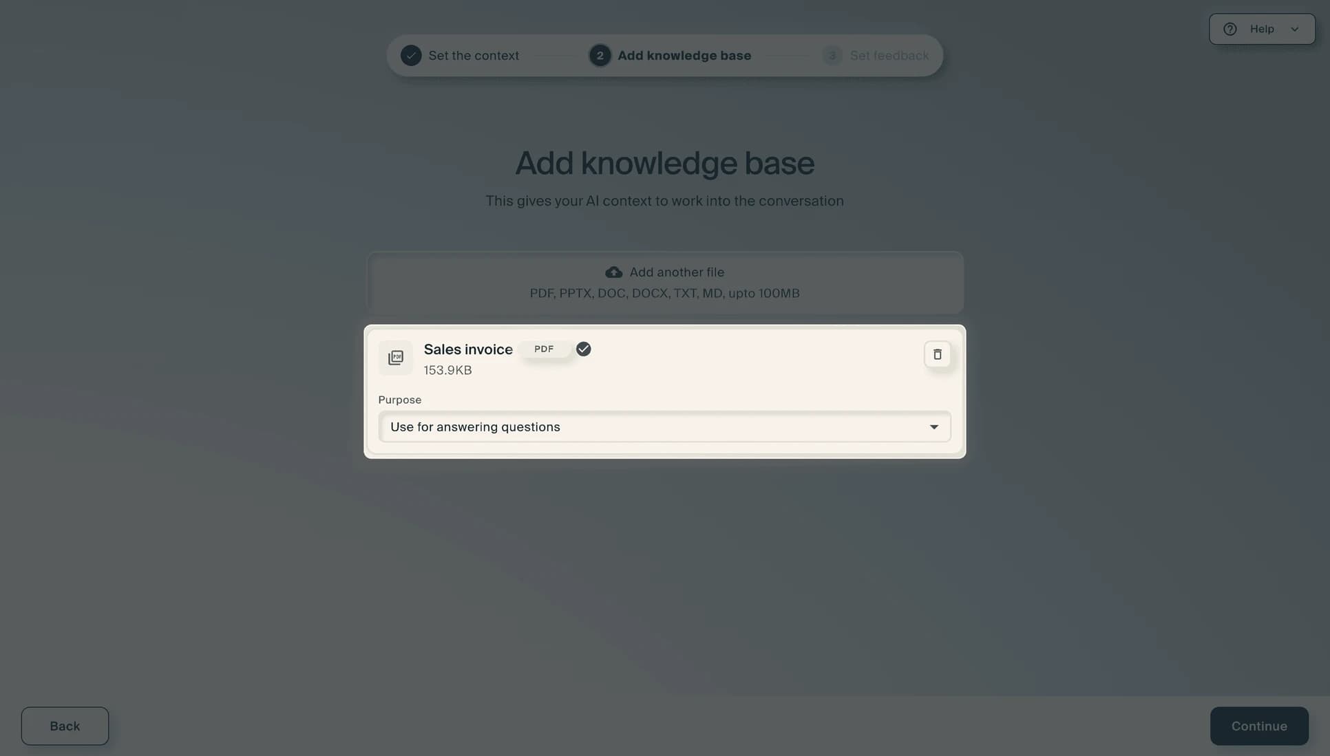 The same step with a sales invoice PDF uploaded and a Purpose dropdown set to "Use for answering questions".