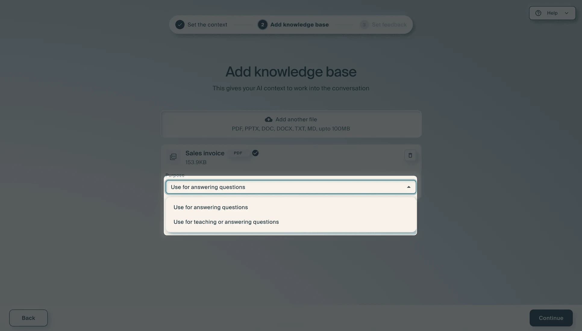 The Purpose dropdown open, offering "Use for answering questions" and "Use for teaching or answering questions".