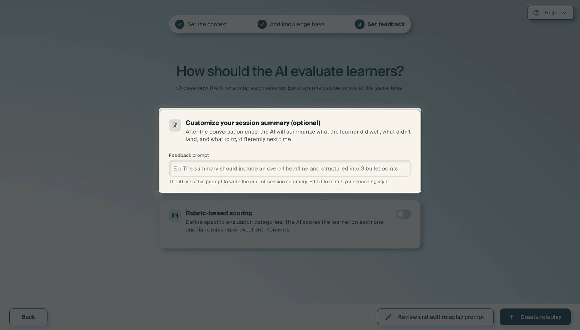 The step headed "How should the AI evaluate learners?", offering an optional session summary and rubric-based scoring, both switchable on together.