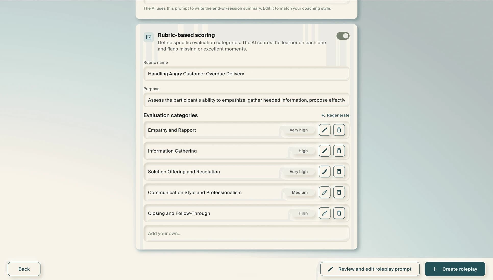 Rubric-based scoring switched on, showing five weighted evaluation categories including Empathy and Rapport and Information Gathering.