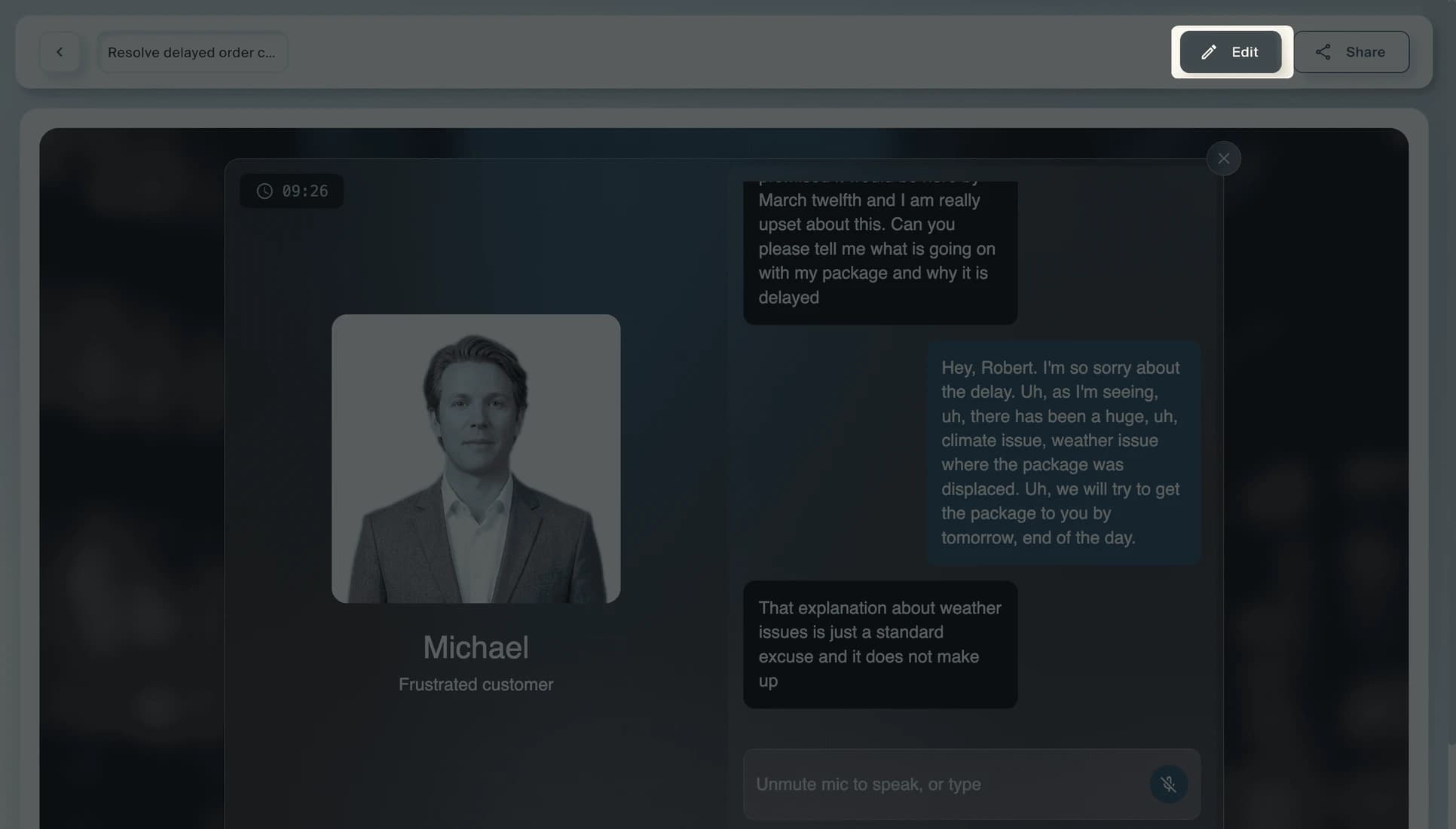 The published roleplay in session: the AI character Michael, a frustrated customer, beside a transcript of the exchange and a microphone control.
