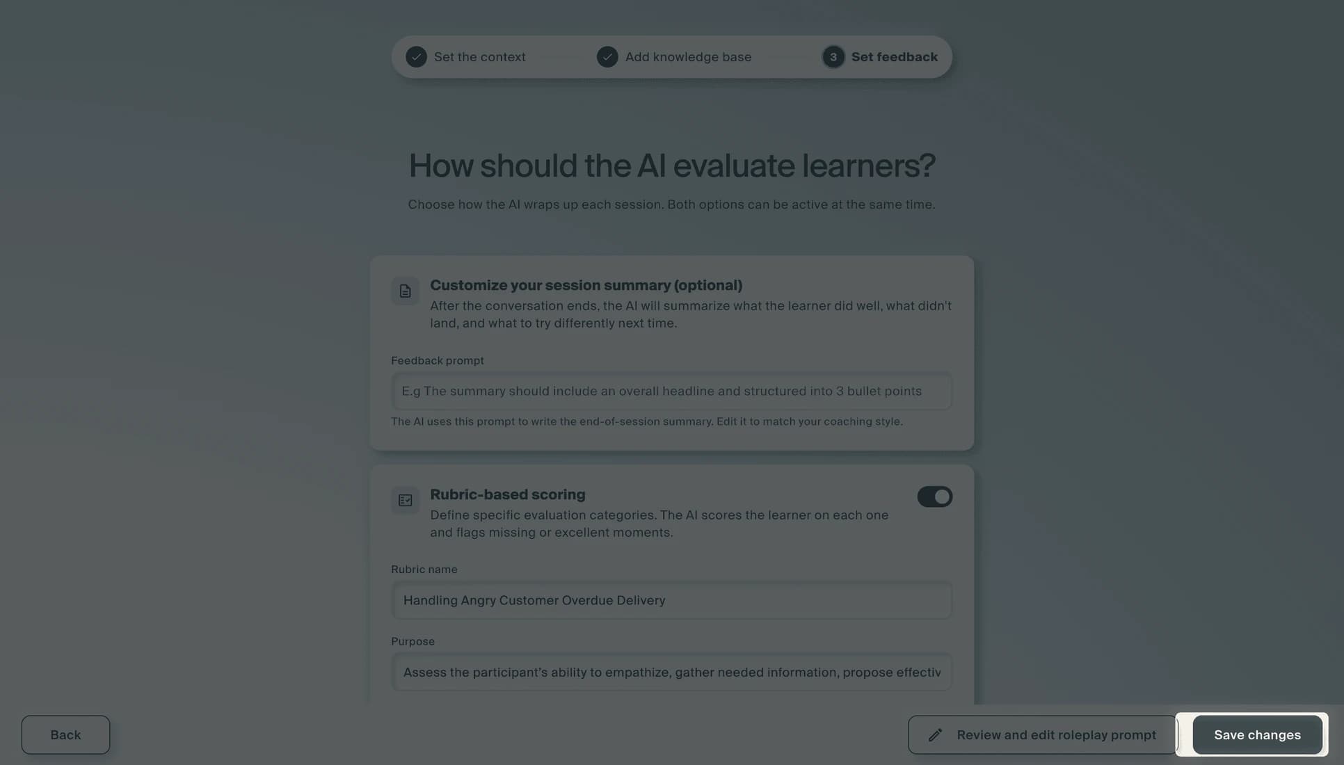 The evaluation step revisited on an existing roleplay, with a "Save changes" button.
