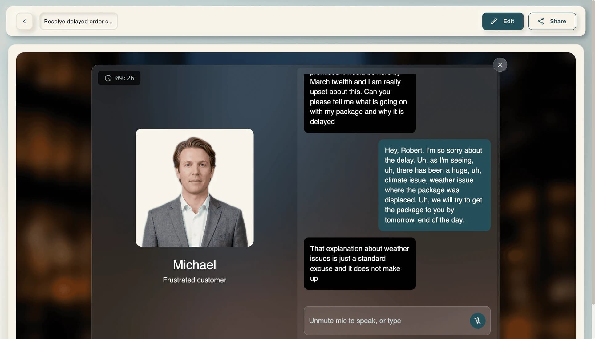The roleplay preview at full size, showing the character, the running conversation and the timer.