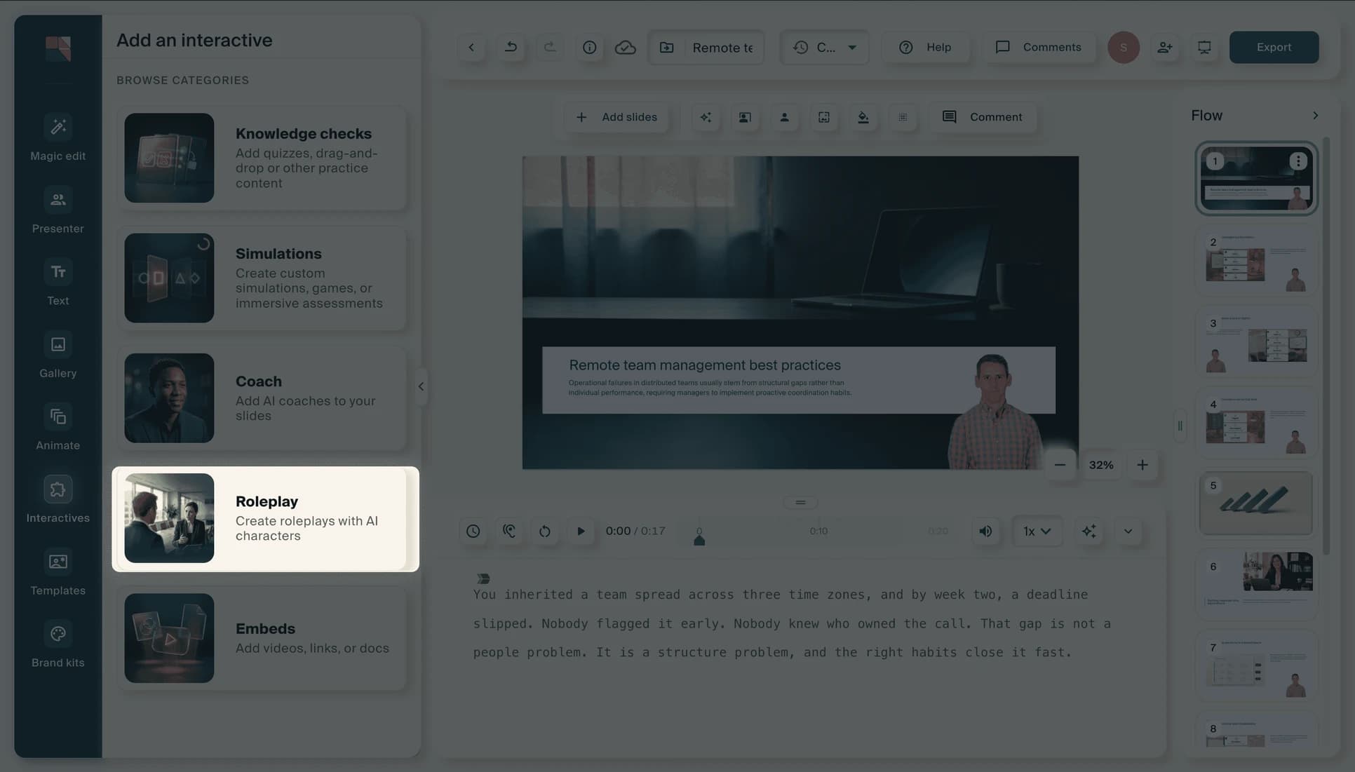 The lesson editor's "Add an interactive" panel with Roleplay selected.