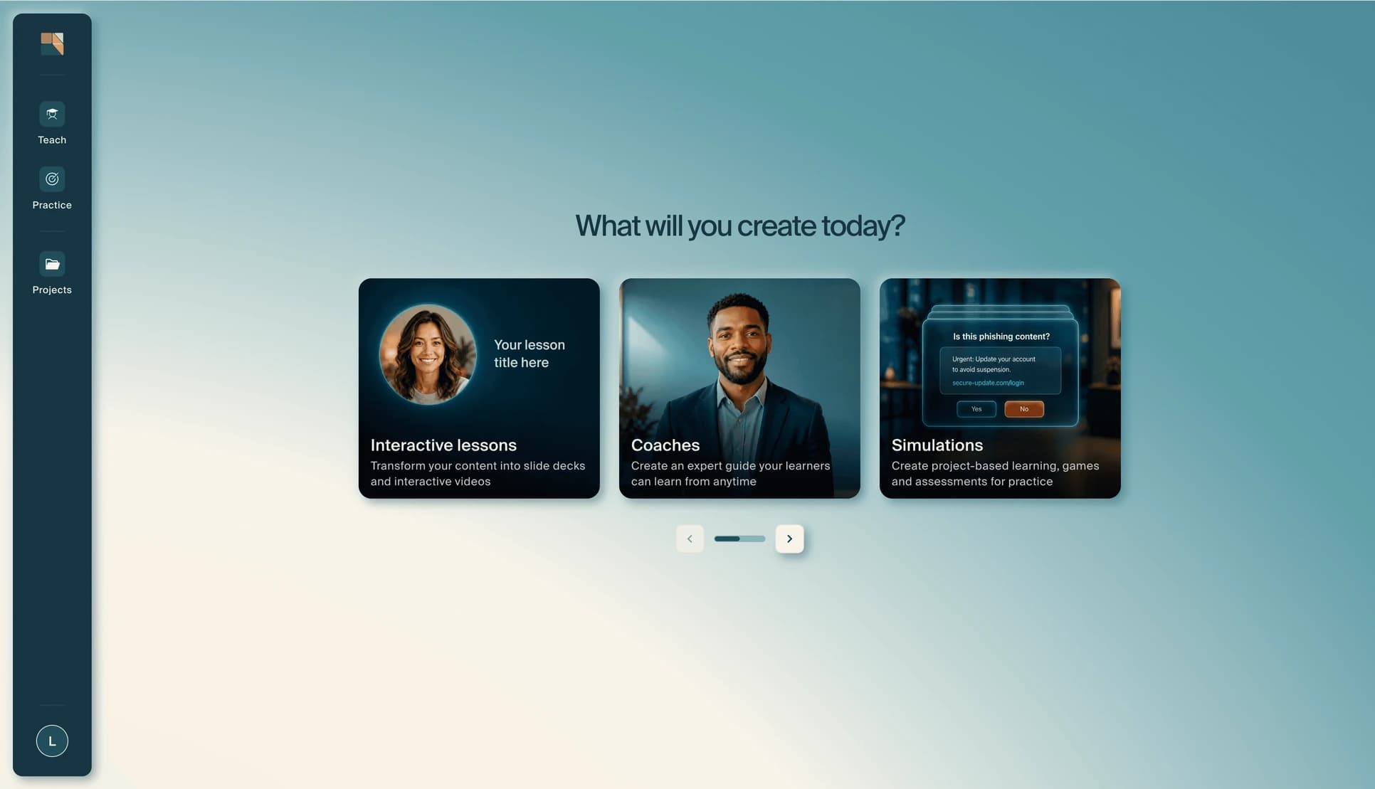 The Creatium Studio home page, headed "What will you create today?", with cards for Interactive lessons, Coaches and Simulations, and Teach, Practice and Projects down the left sidebar.