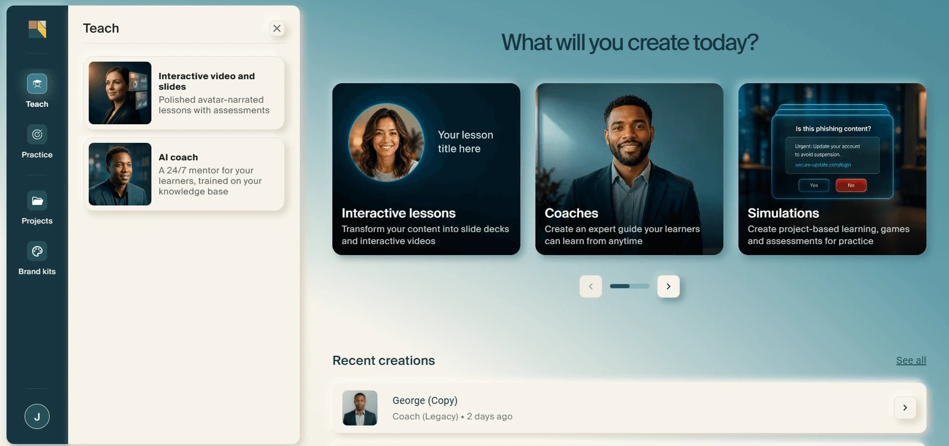 The Teach menu open in the sidebar, offering "Interactive video and slides" and "AI coach".