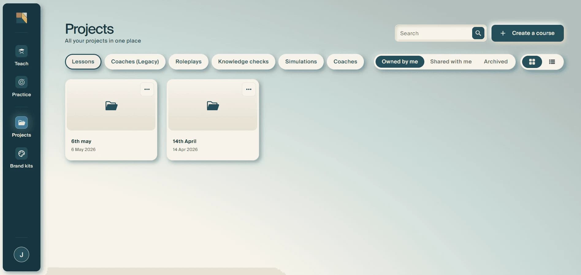 The Projects library, "All your projects in one place", with filter tabs for Lessons, Coaches, Roleplays, Knowledge checks and Simulations above a grid of project cards.