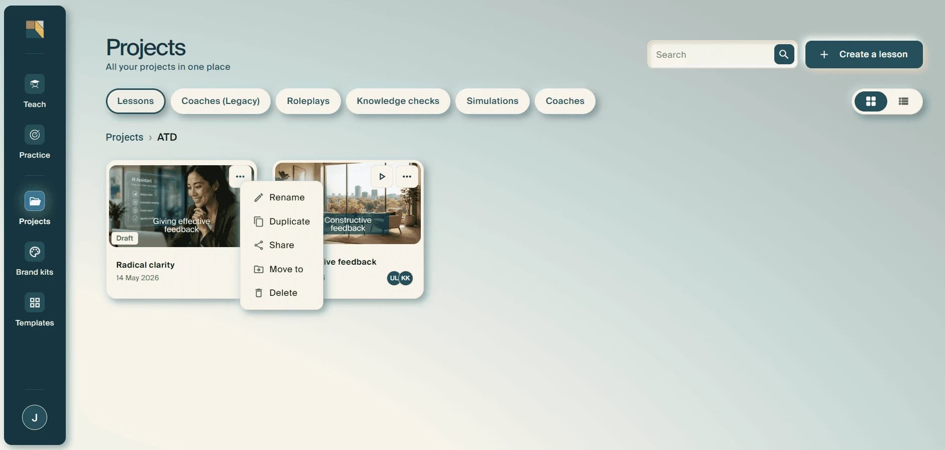 A project card's three-dot menu open, listing Rename, Duplicate, Share, Move to and Delete.