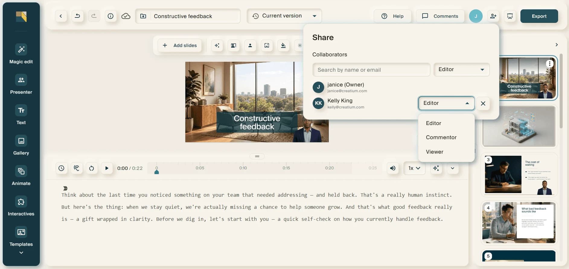 The Share panel open over a lesson, listing two collaborators with a permission dropdown showing Editor, Commentor and Viewer.