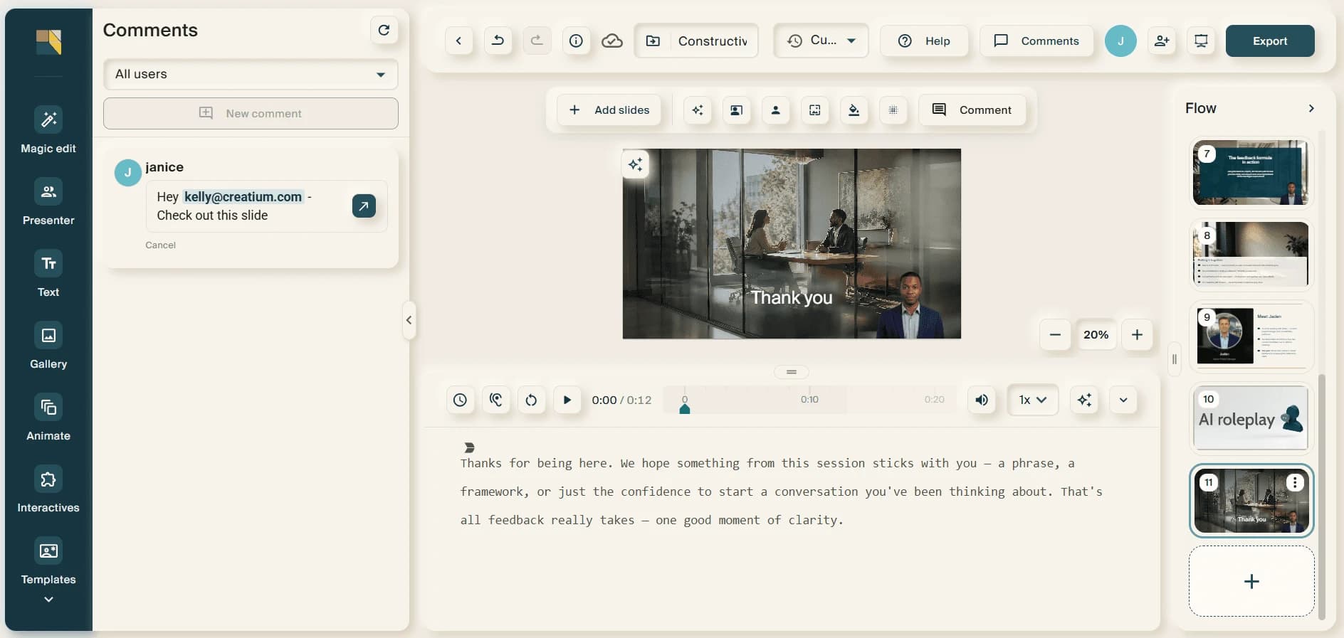 The lesson editor with the Comments panel open at the left and a teammate's comment attached to a slide.