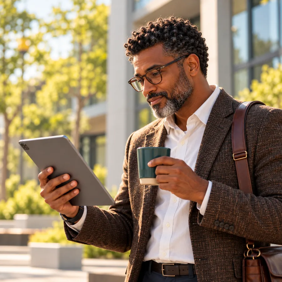 A man reviewing his organization's setup on a tablet