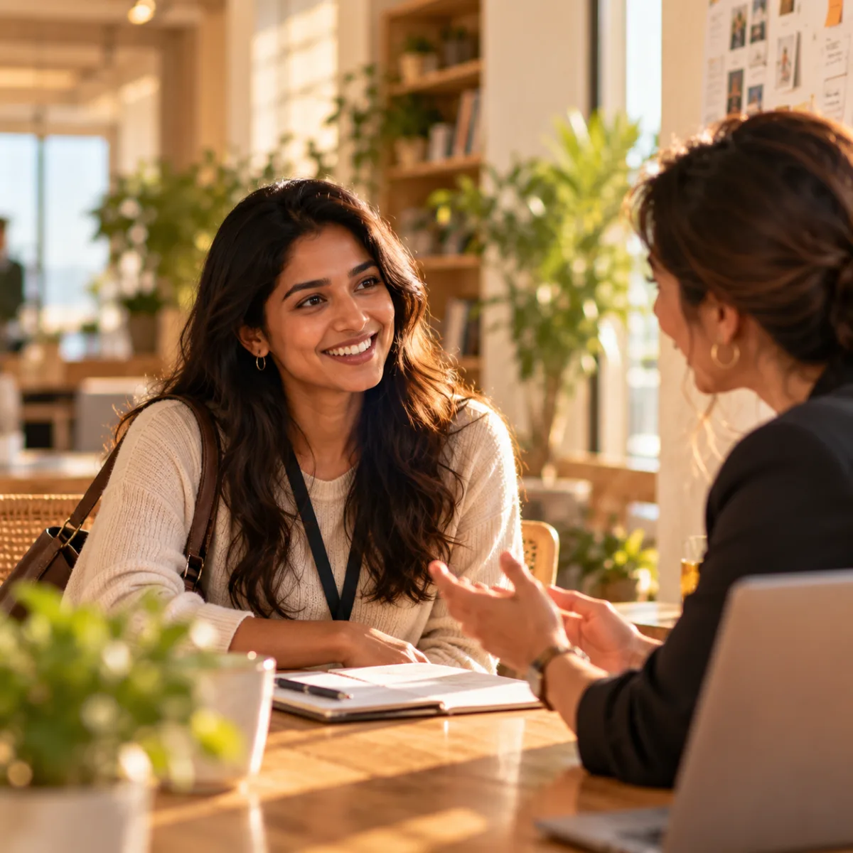 A new MGT hire smiling in a conversation with a colleague