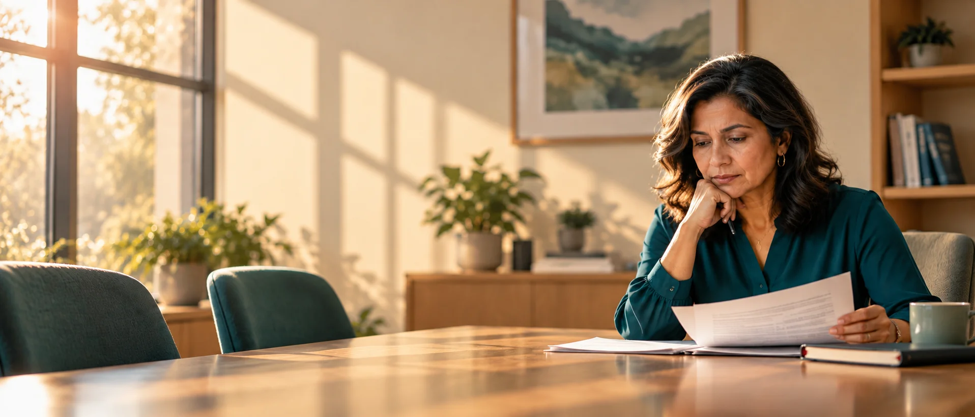 A school leader reviewing personnel paperwork alone at a conference table