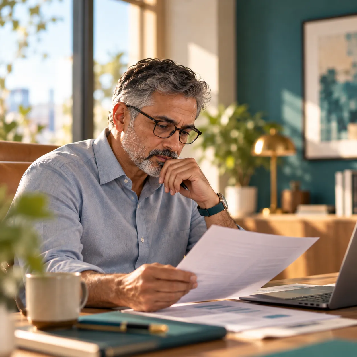 Person reviewing a document at a desk